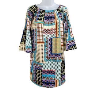 Multi-patterned bell-sleeve dress with elastic neckline / Women's Small